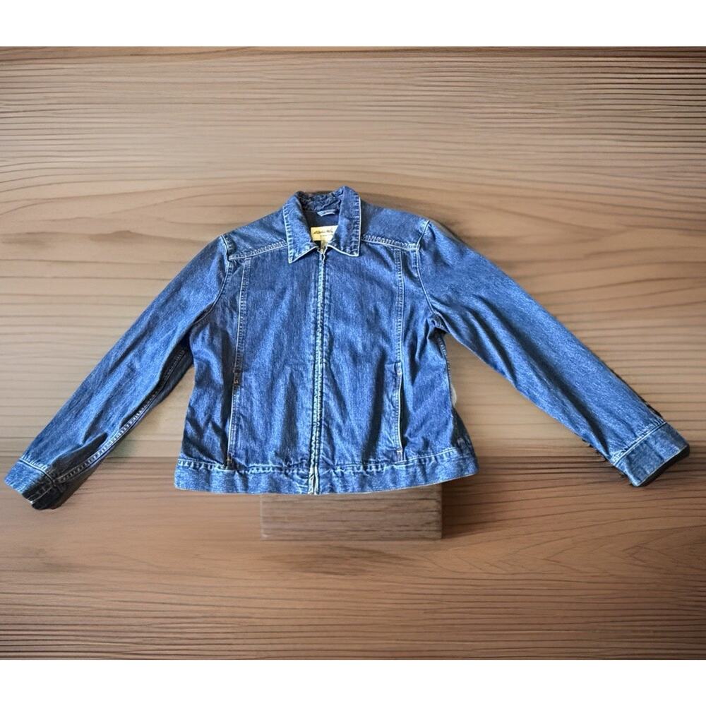 Vintage Eddie Bauer Denim Jacket Womens XL Dark Wash Full Zip Grunge Y2K